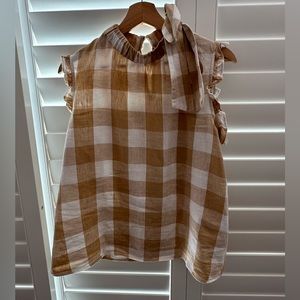 Who what wear-buffalo plaid khaki&white ruffle/tie-neck detail.